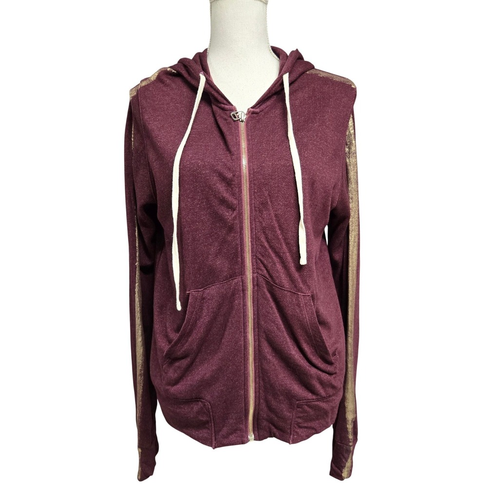 Sundry Burgundy Gold Metallic Stripe Zip Up Hoodie Size 2 M Made in USA